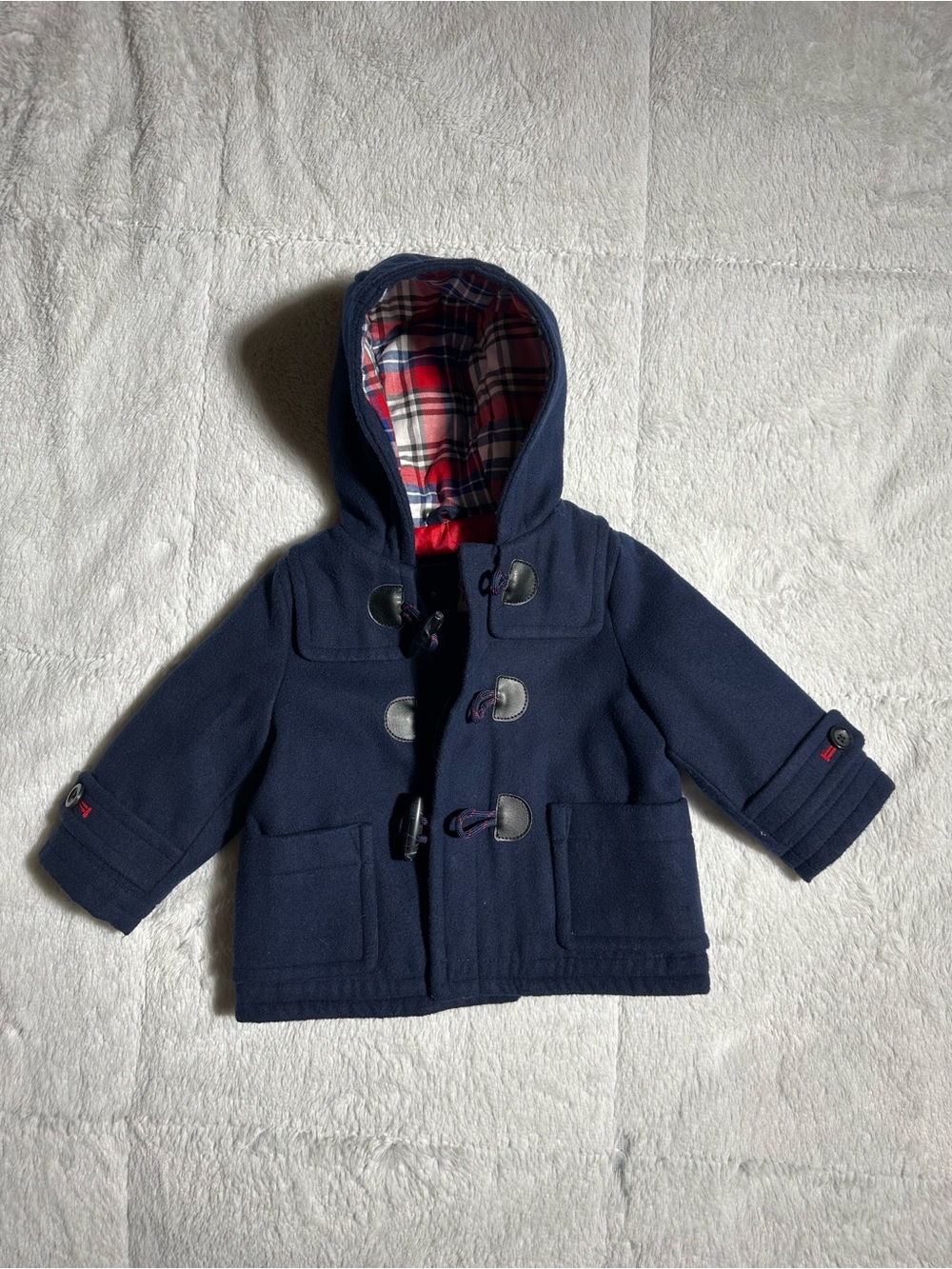 GAP Navy Hooded Pea Coat with Plaid Lining